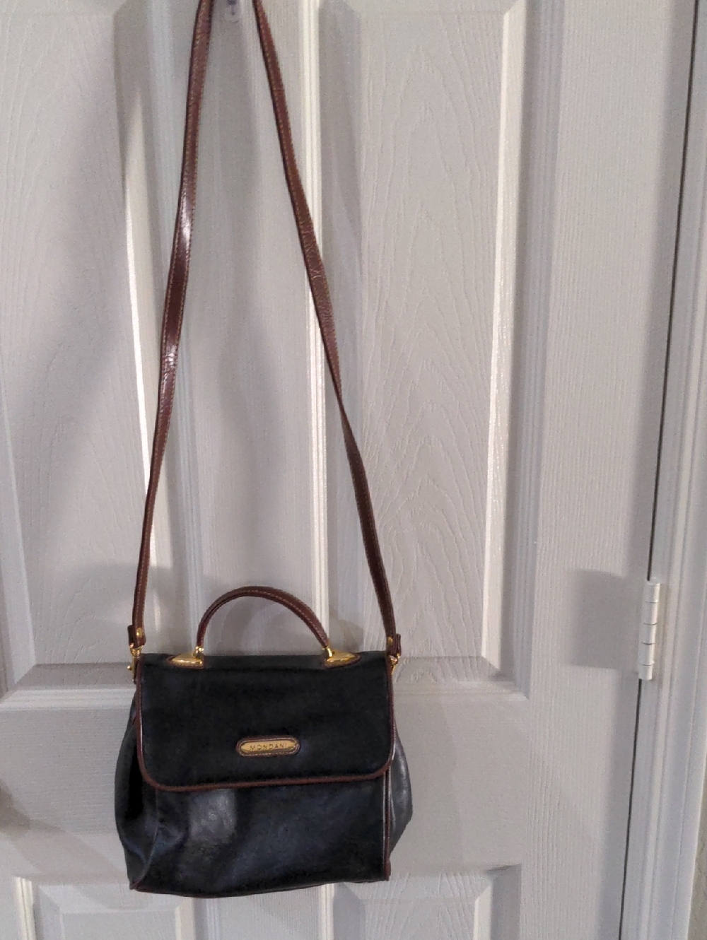 Mondani Black Crossbody with Brown Trim and Gold Accents